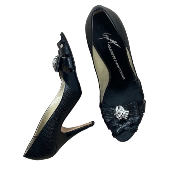 Giuseppe Zanotti Snakeskin Peep Toe Heels Swarovski Bow Designer ITALY - Picture 1 of 9